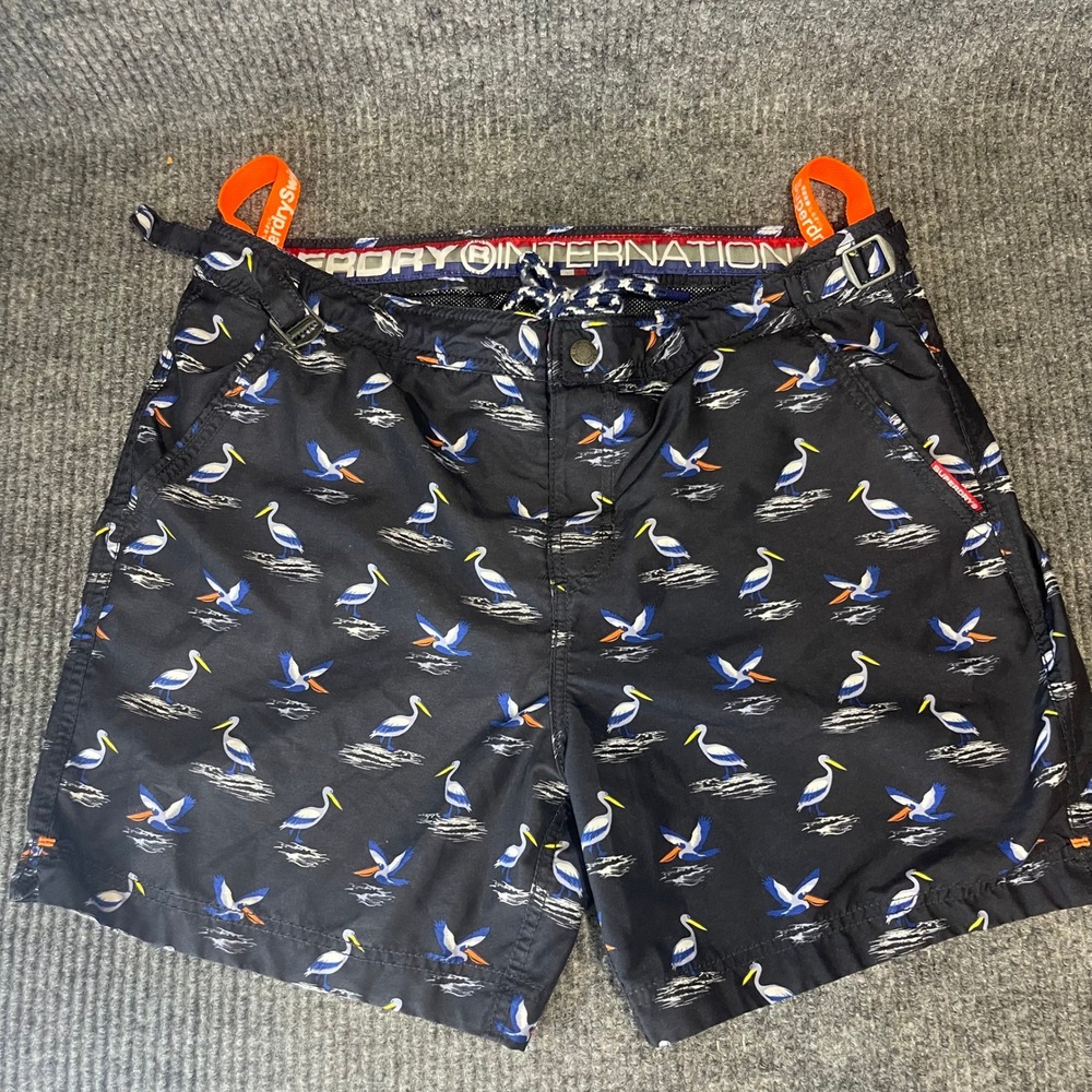 Superdry Pelican Print Swim Shorts Mens L Navy Blue Excellent Mesh Lined Trunks